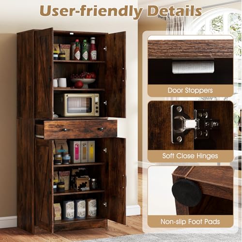 Giantex 72" Tall Kitchen Pantry Cabinet, Modern Farmhouse Pantry Storage Cabinet with 4 Barn Doors, Adjustable Shelves & Drawer, Buffet Cupboard with Living Room, Dining Room, Bathroom, Rustic Brown Giantex
