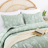 JANZAA Quilts Queen Size Sage Green Quilt Botanical with Floral Pattern Microfiber Bedspreads Queen Size 3 Pieces Lightweight Comforter Reversible Bedding Set with 2 Pillow Cases JANZAA