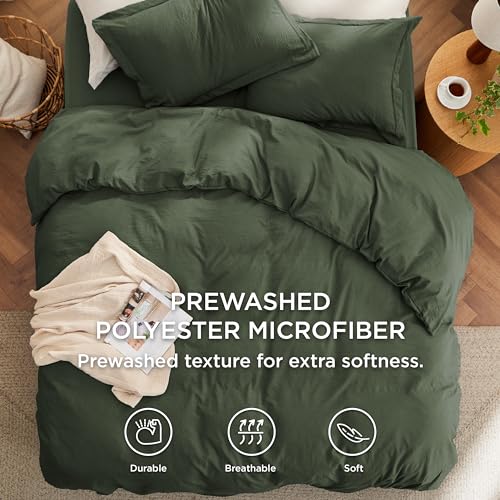 Bedsure Duvet Cover Queen Size with Fitted Sheet - 4 Pieces Prewashed Cotton-Like Extra Soft Bedding Set, Includes 1 Duvet Cover 90x90 Inches, 2 Pillow Shams, 1 Fitted Sheet, Olive Green Bedsure