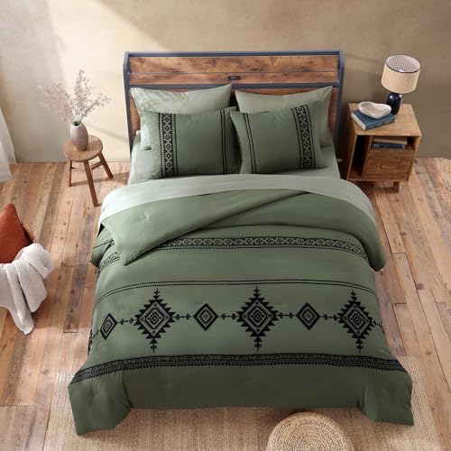 MaiRêve Embroidery Comforter Set, Boho Farmhouse Western Bedding Set, All Season Bed in A Bag Comforter Set with Sheets, Pillowcases & Shams, Olive Green Queen 7 Pieces MaiRêve