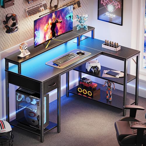SUPERJARE 47 inch Reversible L Shaped Desk with LED Lights & Power Outlets, Computer Desk with Shelves & Monitor Stand, Gaming Desk with Drawer, Home Office Desk Corner Desk, Carbon Fiber Black SUPERJARE