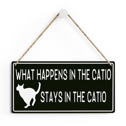 SENJIAN Rustic Cat Lovers Wood Decor Sign, What Happens in the Catio Stays in the Catio Printed Wood Sign Wall Art, Hanging Door Sign, Decorative Wood Sign Home Decor 12" x 6" - WoodArtSupply