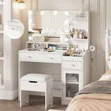 Vabches Vanity with Mirror and Lights, Makeup Vanity Table with Charging Station, Cute Vanity Set with Comfortable Bench, Big Vanity with 3 Storage Compartments, 39.8inch, White Vabches