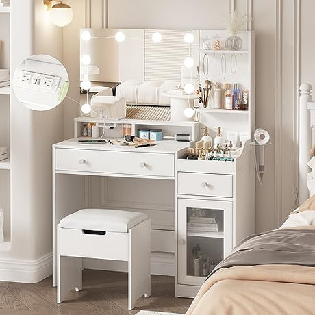 Vabches Vanity with Mirror and Lights, Makeup Vanity Table with Charging Station, Cute Vanity Set with Comfortable Bench, Big Vanity with 3 Storage Compartments, 39.8inch, White Vabches