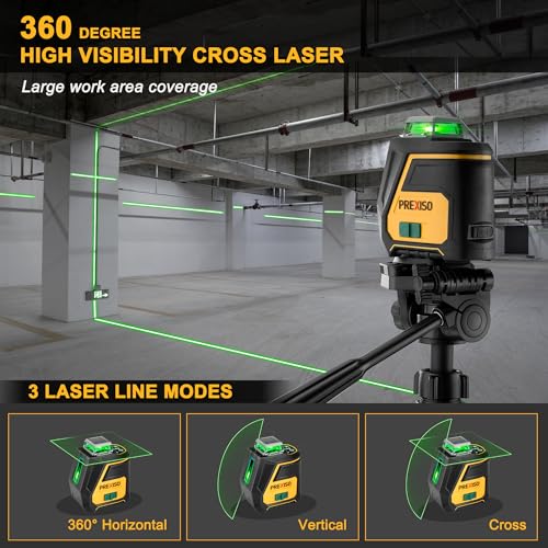 PREXISO 360 Laser Level with Tripod - IP54 Rechargeable Wide Angle Vertical Line Laser, 100Ft Green 3 Brightness Adjustment Self Leveling Cross Line for Construction, Floor Tile, Renovation Prexiso