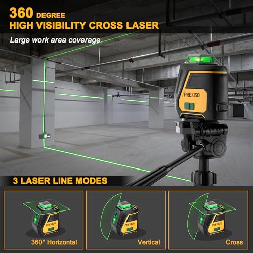 PREXISO 360 Laser Level with Tripod - IP54 Rechargeable Wide Angle Vertical Line Laser, 100Ft Green 3 Brightness Adjustment Self Leveling Cross Line for Construction, Floor Tile, Renovation - WoodArtSupply