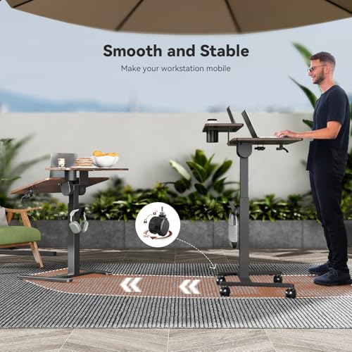 Liftsync 28 inch Mobile Standing Desk On Wheels， Small Computer Workstation Adjustable Height，Rolling Laptop Stand with Tiltable Desktop， 2-Tier Portable Study Table with Storage Shelf， Walnut Liftsync