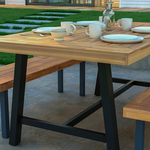 EMMA + OLIVER Whitford Natural Finish Solid Acacia Wood Dining Table with Black Metal Legs for Indoor and Outdoor Use - WoodArtSupply