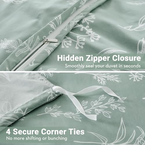 MUXHOMO Duvet Cover King Size, Reversible Floral Green Duvet Cover Set with Zipper Closure, 3 Pieces Botanical Patterns Soft Microfiber Bedding Set (90"x104", 2 Pillow Cases 20"×36") MUXHOMO