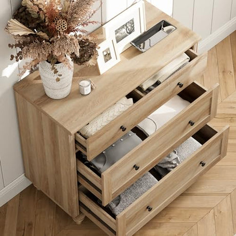 WAMPAT Dresser for Bedroom with 6 Drawers, Oak Kids Dressers with Wide Chest of Drawers, Mid Century Modern Wooden Closet Storage Organizer, Large Wood Dressers for Living Room, Nursery, Hallway WAMPAT