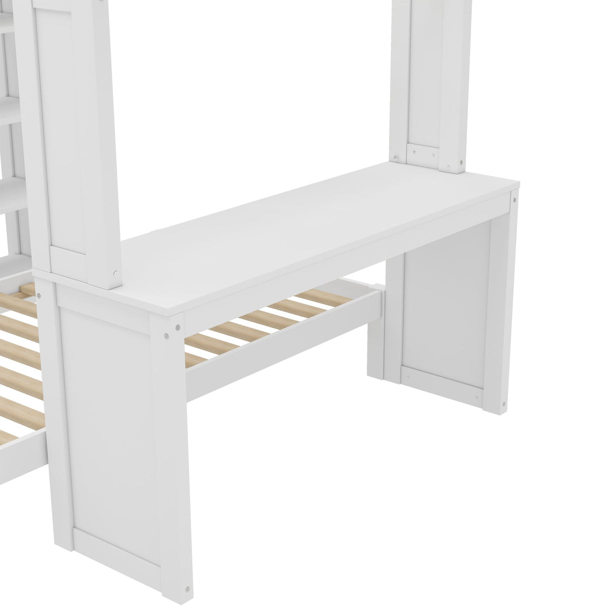 Queen Over Twin Bunk Bed with Desk, Wardrobe, and Storage Shelves, Solid Wood Bunk Beds with Dismountable Lower Bed, Bunkbed Frame for Bedroom, Guestroom, Dorms, No Spring Box Needed, White Bellemave