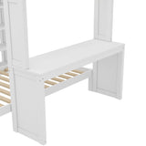 Queen Over Twin Bunk Bed with Desk, Wardrobe, and Storage Shelves, Solid Wood Bunk Beds with Dismountable Lower Bed, Bunkbed Frame for Bedroom, Guestroom, Dorms, No Spring Box Needed, White Bellemave