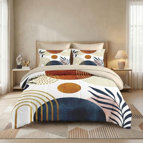 WeCozy 7 Pcs Full Size Comforter Set with 2 Pillowcases & 2 Shams, Mid Century Bedding for Adults, Sun Boho Geometric Leaf Bed in a Bag with Flat Fitted Sheet WeCozy