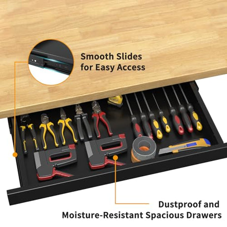 Sylritha 60" Work Bench with Storage, Adjustable Workbench with Drawers, Heavy-Duty Work Bench with Power Outlets, 3000 LBS Garage Workbench, Work Table with Wheels for Workshop, Office Sylritha