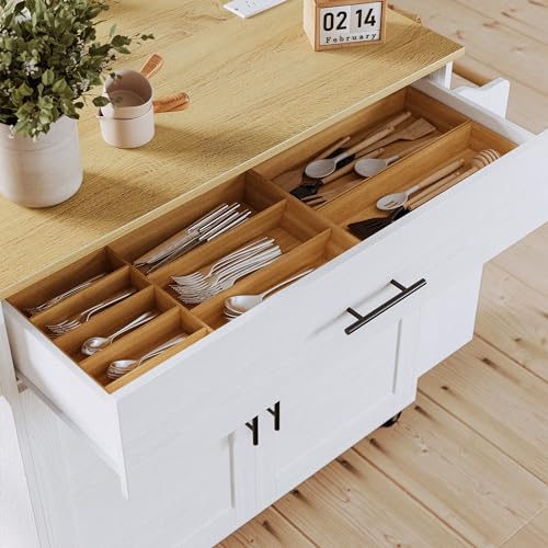 Rolling Kitchen Island with Drop Leaf and Storage by IRONCK, White - WoodArtSupply