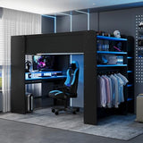 Bellemave Full Loft Bed with Height-Adjustable Desk,Wardrobe,Ample Storage Space,and RGB Light, Gaming loft Bed with Desk, Black+Blue Bellemave
