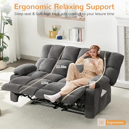 Oversized Loveseat Recliner Sofa, Big Large Reclining Sofa with Cup Holders & Side Pockets, Double Recliner, Traditional 2-Seater Manual Recliner Couch for Living Room, RV, Home Theater (Fabric,Grey)