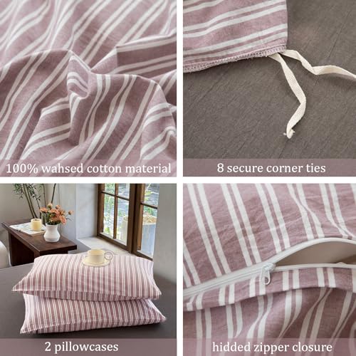 BESTDESIL Striped Duvet Cover Set 100% Washed Cotton Linen Like Soft Feelling Breathable Bedding(Dusty Purple,Full) BESTDESIL