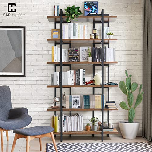 CAPHAUS Vintage Industrial 6-Tier Bookshelf in Rustic Oak – 86" High Open Display Unit with Durable Metal and Wood Design CAPHAUS