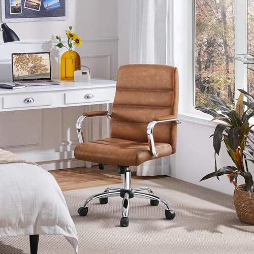 Yaheetech Mid-Back Office Chair with Arms Swivel PU Leather Height Adjustable Office Executive Chair, Retro Brown Yaheetech