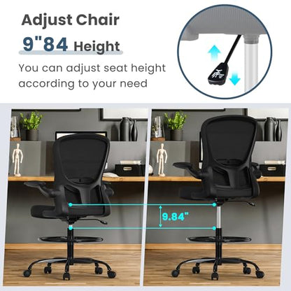 Drafting Chair, Tall Office Chair with Flip-up Armrests Executive Ergonomic Computer Standing Desk Chair, Office Drafting Chair with Lumbar Support and Adjustable Footrest Ring