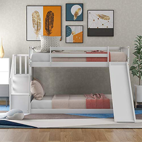 Twin Over Twin Low Bunk Bed with Slide and for Storage Staircase for Teens, Boys or Girls, No Box Sping Needed Merax