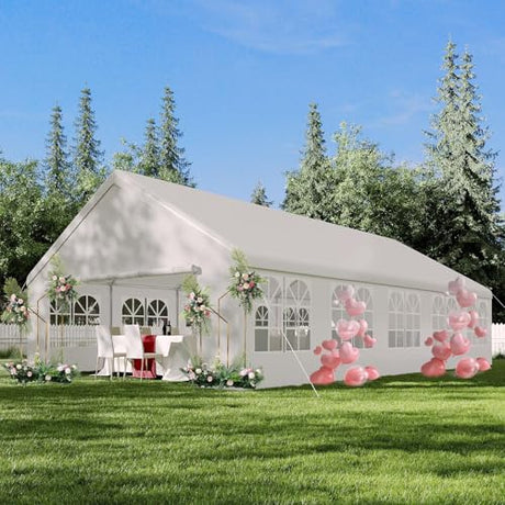 20'X32' Party Tent with Removable Sidewall Windows, Outdoor Heavy Duty Wedding Gazebo, Event Shelter Wedding Canopy Tent for Parties Carport BBQ, White & Straight Edge CuisinSmart