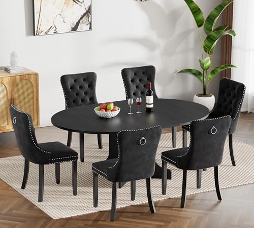 Henf 7 Piece Round Black Extendable Dining Table Set for 6, 43.3"-59" Oval Wood Kitchen Table Set with 6 Black Tufted Chairs, Mid-Century Modern Expandable Dining Room Tables and Chairs Set for 6 Henf
