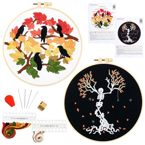 Fall Maple Leaf Embroidery Starter Kits for Beginners Adults, Halloween Stamped Cross Stitch Kit for Beginners Adults, Skeleton Embroidery Needlepoint Kit, 2 Embroidery Hoops (Attached Video Tutorial)