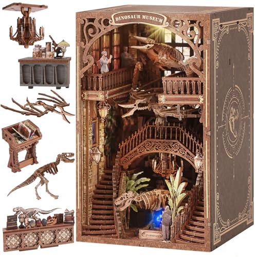 VkotaVkoty [2026 New] Dinosaur Museum Book Nook Kit with Dust Cover & LED Light, DIY Miniature House Kit Toy, 3D Wooden Puzzle Bookshelf Decor Building Kit, Birthday Gifts for Family & Friends