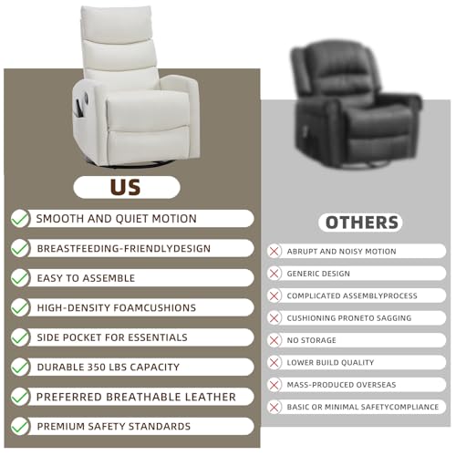 PELUMY 360° Swivel Rocker Recliner with Heat & Vibration Massage, Glider Rocking Chair for Adults, Compact Recliner for Living Room, Small Spaces, Nursery, Bedroom (Breathable Leather, White)