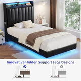 Twin Size Floating Bed Frame with Ergonomic Hidden Storage Headboard and LED Light,Visual Floating Bed Frame with Charing Station,Leather Upholstered Platform Bed for Kids/Boys/Girls,Heavy Duty,Black Jocoevol