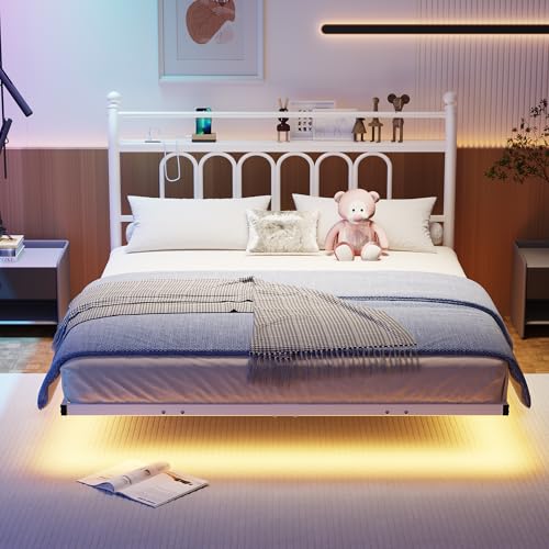 VERFARM Floating Double Bed Frame with USB Charging Station, LED Bed Frame with Wood Storage Headboard, Metal Platform Bed Frame Full Size, No Box Spring Needed, Steel Slat Support, White VERFARM
