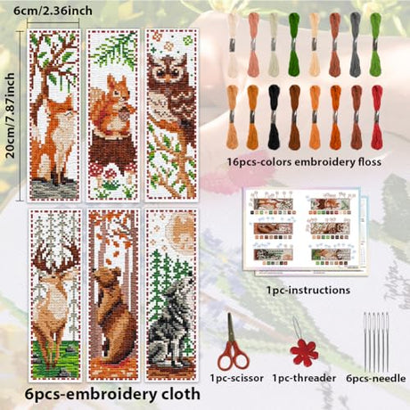 ACRNIGHEET 6 PCS Cross Stitch Bookmark Kit Animals Patterns DIY Stamped Embroidery Bookmark Kit DIY Bookmarks Crossstitch Kits Adul Stamped Embroidery Bookmarks with Instructions 11CT ACRNIGHEET