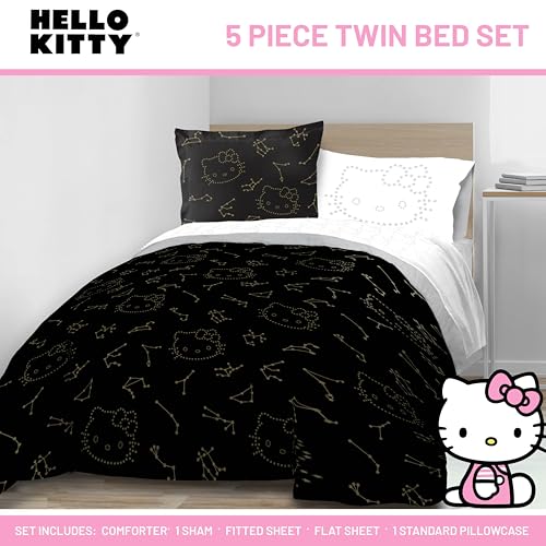 Jay Franco Hello Kitty Stars Twin Comforter Set - 5 Piece Bedding Includes Sheet Set & Pillow Covers - Super Soft Zodiac Black & Gold Bedding Jay Franco