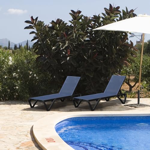 Domi Pool Lounge Chairs Set of 2, Aluminum Adjustable Outdoor Chaise Lounge with Wheels, All Weather Poolside Chairs for Deck Lawn Patio Backyard, Textilene - Navy Blue