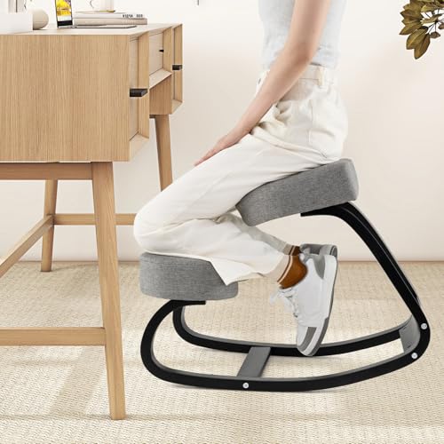 Giantex Ergonomic Kneeling Desk Chair, Upright Posture Chair with Cushion & Solid Wood Frame, Natural Relief for Neck or Back Pain, Wooden Knee Chair for Home Office (1) Giantex