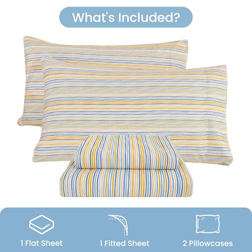 Mooreeke Striped King Bed Sheets, Deep Pocket 4 Piece King Sheet Set, Soft Microfiber Blue Yellow Pinstripe Bedding Sheets & Pillowcases Mooreeke