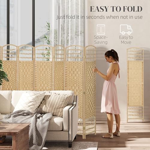 HOMCOM 8 Panel Room Divider, Folding Privacy Screen, 5.6' Room Separator, Wave Fiber Freestanding Partition Wall Divider, Natural HOMCOM