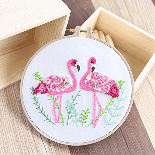 Konrisa Flamingo Embroidery Kit for Beginners with Pattern Floral Stamped Full Range of Embroidery Starter Kit for Adults Cross Stitch Kit with Embroidery Cloth, Hoops, Color Thread and Tools,Set of 2