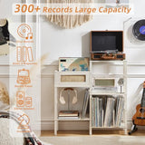 LELELINKY Record Player Stand, White Cream Oak Wood Record Holder with Vinyl Storage Holds up to 300+ Albums, 3-Tier Rattan Media Table with Vinyl Display Shelf, Record Storage Cabinet for Living Room LELELINKY