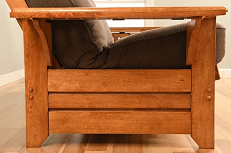 Phoenix Full Size Futon Couch with Linen Fabric Mattress in Barbados/Brown Included - Wooden Frame - Solid Hardwood Construction Kodiak Furniture