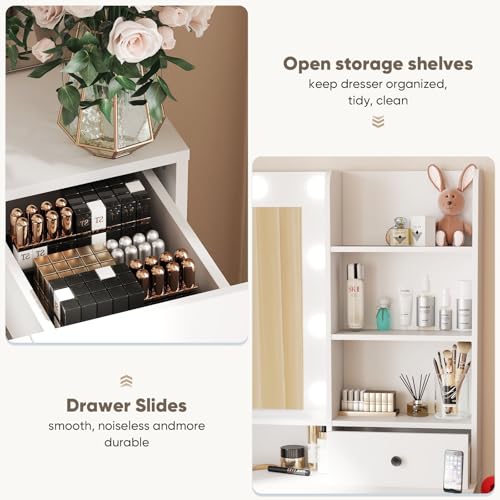 DUMOS Vanity Desk Makeup with Mirror LED Lights, White Table with Power Outlet 2 Drawer, 4 Storage Shelves Cabinet & 3 Lighting Mode Adjustable Brightness, Dressing Tables for Bedroom DUMOS