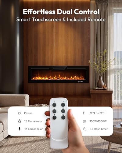 EUHOMY 60 Inch Electric Fireplace Recessed Wall Mounted with Remote Control, Fireplace Heater with Adjustable Flame Color, Linear Fireplace with Timer, Log & Crystal, 750/1500W (2026 Upgrade) E EUHOMY