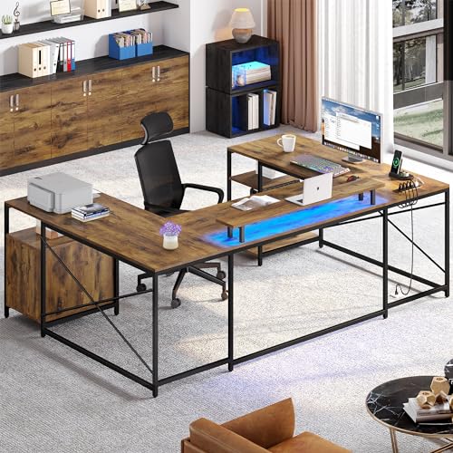 YITAHOME U Shaped Desk with Power Outlets & LED Lights, 79" Reversible L Shaped Desk with Drawers, Corner Computer Desk Office Desk with Monitor Stand & Storage Shelves, Rustic Brown YITAHOME
