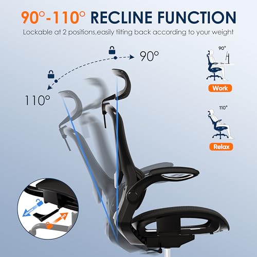 GABRYLLY Ergonomic Mesh Office Chair, Adjustable Home Desk Chair with Folding Armrest, 2D Headrest, Soft Seat and PU Wheel, Black Swivel Task Chair for Office, Business, Student (GY1108) GABRYLLY