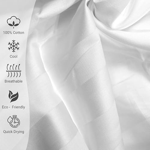 Pizuna Cotton King Duvet Cover Set, 300 Thread Count Long Staple Cotton Sateen Weave with Button Closure (Combed Stripe Luxury White Cotton Duvet Cover King) Pizuna