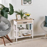 RUSTOWN Farmhouse Console Table with Drawer, 3-Tier Rustic Entryway Table with Open Storage Shelves and Handmade Metal Handle, Narrow Foyer Sofa Table for Living Room, Entryway, Hallway (Washed White) RUSTOWN