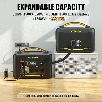 VTOMAN Jump 1500X Portable Power Station 1500W (3000W Peak), 828Wh LiFePO4 (LFP) Battery Powered Generator with Expandable Capacity, 3x Pure Sine Wave 1500W AC Outlets, 2xPD 100W, 3x Regulate - WoodArtSupply