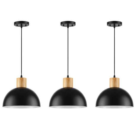 QianZhan Solid Wood Pendant Light 3 Pack, Modern Matte Black Pendant Lights Fixtures Adjustable Dome Hanging Lighting,for Kitchen Island Dining Room Restaurant Office Farmhouse QianZhan